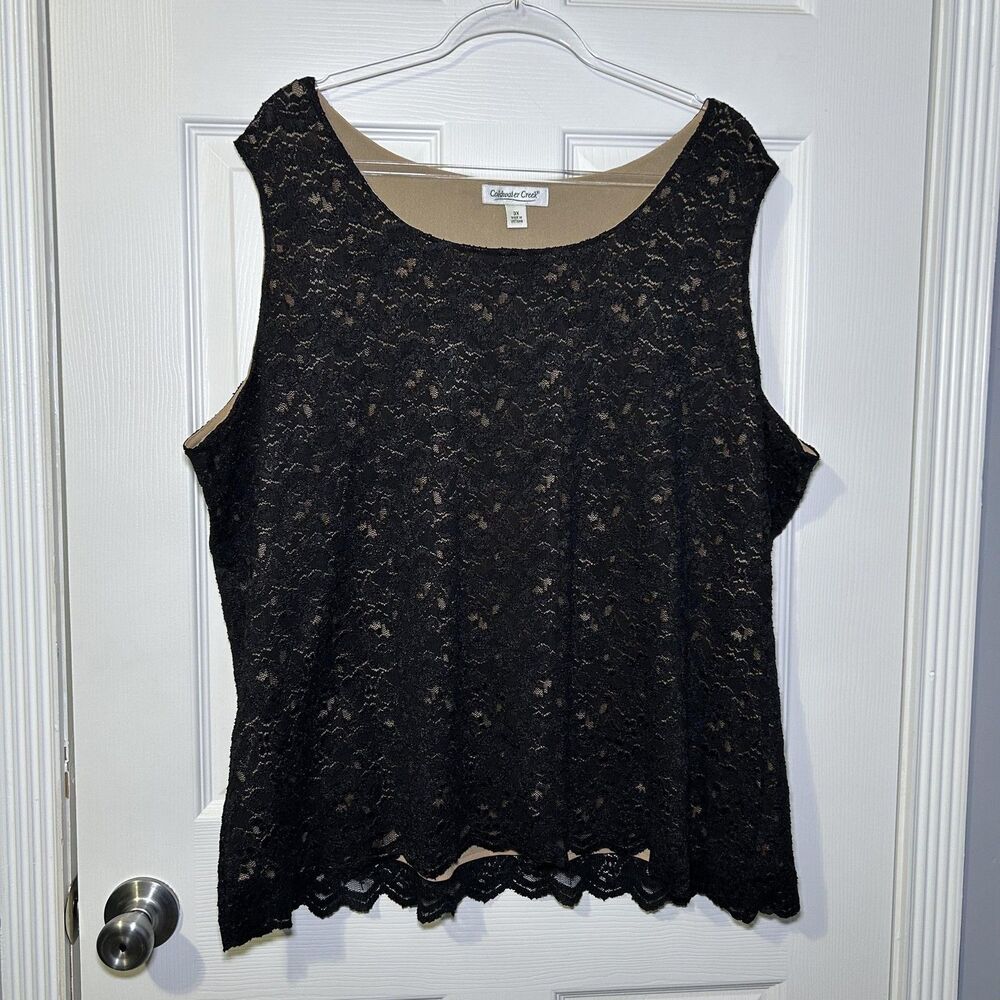 Coldwater Creek Tank Top Women's 3X Black Floral Lace Scoop Neck Lined Stretch